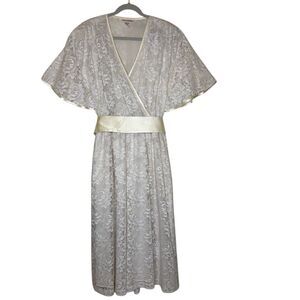 Vintage 80’s Elegant Halston III Ivory Lace Flutter Sleeve Midi Dress Size 14